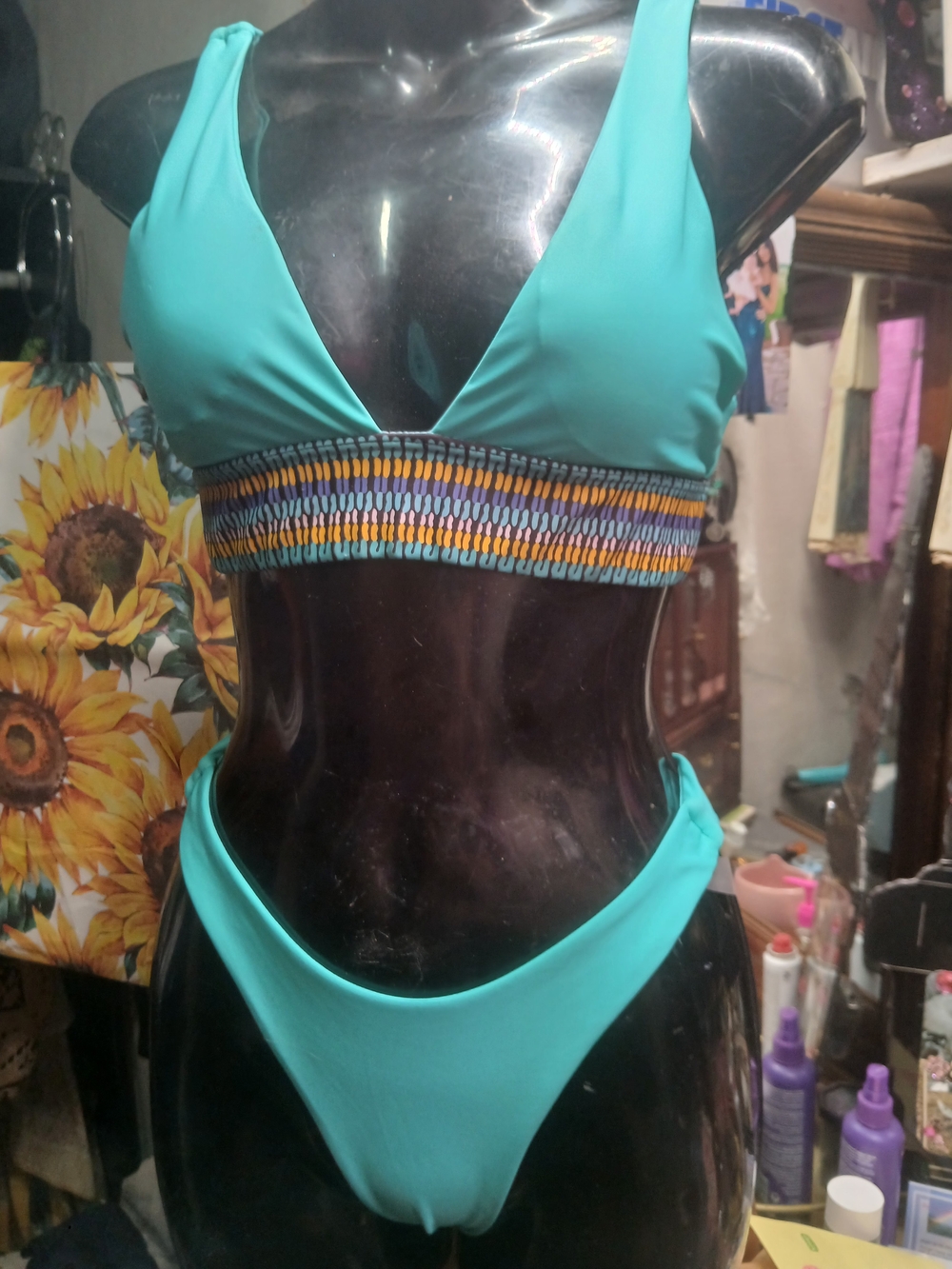 Turquoise Smocked Band Bikini Set - Women's Swim